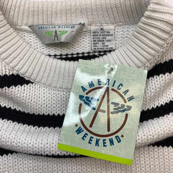 American Weekend Sweater Mens XL Extra Large White Striped Ribbed Trim Crew Neck - Picture 5 of 8